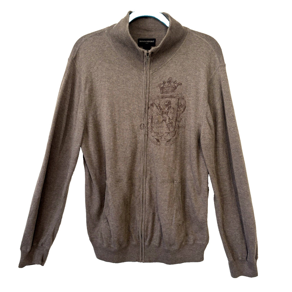 Banana Republic Sweater Jacket Mens Lightweight Full Zip Crest Brown‎ L Preppy